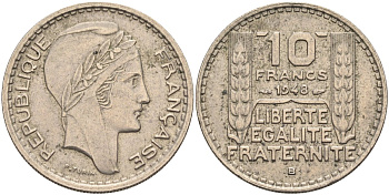 Франция 10 франков 1949 B, тип Пьер Турин KM 909.2, Le Franc 362.7 медно-никель 4126-917