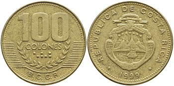 КОСТА-РИКА 100 КОЛОН 1999 B.C.C.R., ГОД ТИП KM 230а.1 латунь 59-121