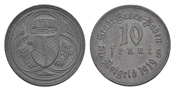 Баден-Баден 10 пфеннигов 1919 Funck 26.1, Men05 1200.1, Men18 1558.1 цинк 4636-829