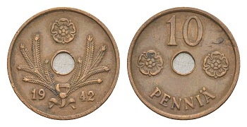 Финляндия 10 пенни 1942 KM 33 медь 4647-324