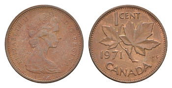 Канада 1 цент 1971 Елизавета II (1952-2022), кленовый лист KM 59 бронза 4630-549
