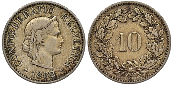 Швейцария 10 раппенов 1882 KM 27 медно-никель 4561-845