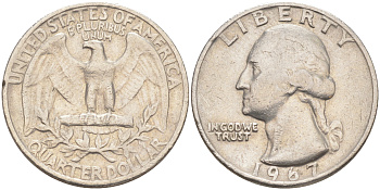 США 25 центов (квотер) 1967 Вашингтон KM 164a медь плакированная медно-никелем 83-1613