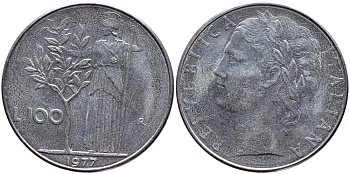 ИТАЛИЯ 100 ЛИР 1977 R , АФИНА KM 96.1 нержавеющая сталь 4394-622