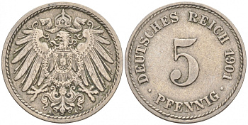 ГЕРМАНИЯ 5 ПФЕННИГОВ 1900 J, KM 11, J. 12 медно-никель 73-153