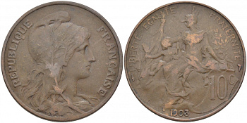 ФРАНЦИЯ 10 САНТИМОВ 1903 ТИП ДАНИЭЛЬ ДЮПЮИ KM 843, LA FRANC 136.13 бронза 114-732