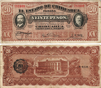Мексика, Революция 20 песо 1915 штат Чиуауа, черная зубчатая печать Pick S537a бумага 6283-6-3