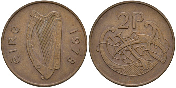 Ирландия 2 пенса 1978 виньетка в виде стилизованной птицы из второй библии Карла II Лысого KM 21 бронза 4144-946