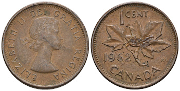 Канада 1 цент 1962 Елизавета II (1952-2022), кленовый лист  KM 49 бронза 4609-948