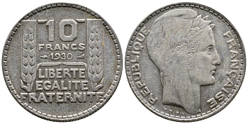 Франция 10 франков 1930 Пьер Тюрен KM 878, Le Franc 360.3 серебро 79-514