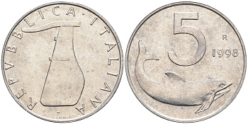 Италия 5 лир 1998 R, дельфин KM 92 алюминий  UNC  4594-761