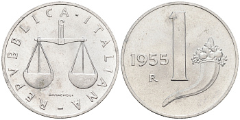 Италия 1 лира 1955 R, весы KM 91 алюминий  UNC  4594-154
