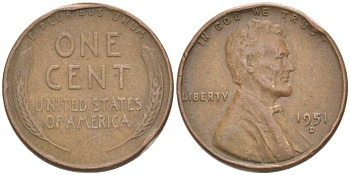 США 1 ЦЕНТ 1951 D, ЛИНКОЛЬН KM А132 медь цинк 218-236
