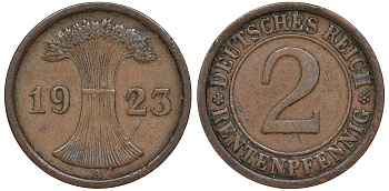 Германия 2 рентенпфеннига 1923 A - Берлин KM 31 бронза 4173-644