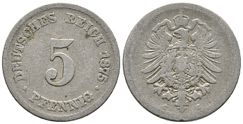 Германия 5 пфеннигов 1875 C, старогербовка KM 3, Jager 3, Weege 5 медно-никель 39-341
