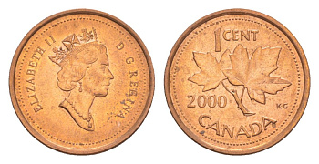 Канада 1 цент 2000 Елизавета II (1952-2022), кленовый лист KM 289 цинк плакированный медью UNC 4630-621