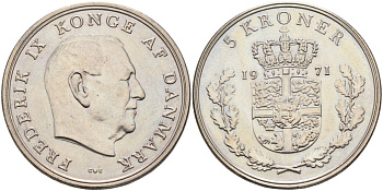 Дания 5 крон 1971 Фредерик IX (1947-1972) KM 853.1 медно-никель UNC 4368-434