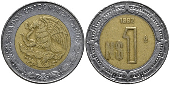 Мексика 1 песо 1992 KM 550 биметалл 4579-824