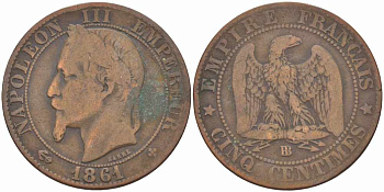 ФРАНЦИЯ 5 САНТИМОВ 1861 BB, НАПОЛЕОН III (1852-1870) KM 797.2, LE FRANC 117.3 бронза 108-515