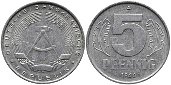 ГДР 5 ПФЕННИГОВ 1968 А KM 9.1 алюминий 33-317