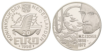 Нидерланды 20 евро 1998 100 лет со дня рождения Маурица Корнелиса Эшера X 152 серебро PROOF 443-1414