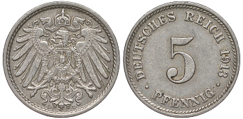 ГЕРМАНИЯ 5 ПФЕННИГОВ 1913 D, KM 11, J. 12 медно-никель 45-1135