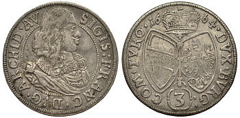 АВСТРИЯ 3 КРЕЙЦЕРА 1664 СВЯЩЕННАЯ РИМСКАЯ ИМПЕРИЯ, ВЕЛИКИЙ ГЕРЦОГ СИГИЗМУНД ФРАНЦ (1662-1665), МОНДВОР ХАЛЛ Tursky 535., КМ 851 серебро 413-5034