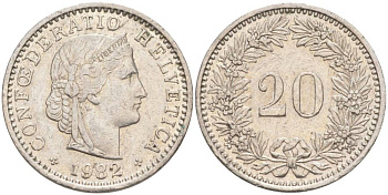 Швейцария 20 раппенов 1982 KM 29a медно-никель 55-1012