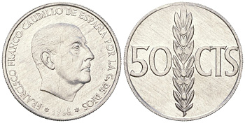 Испания 50 сентимо 1966 (74) Франсиско Франко (1939-1975) KM 795 алюминий UNC 261-647