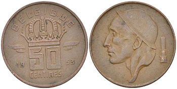 БЕЛЬГИЯ 50 САНТИМОВ 1953 BELGIQUE KM 144 бронза 4387-1263