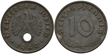 Германия 10 рейхспфеннигов 1940 G KM 101 цинк 4156-436