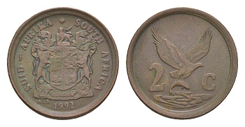 ЮАР 2 цента 1992 орел с рыбой KM 133 сталь плакированная медью 4189-1169