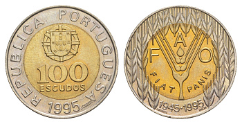 Португалия 100 эскудо 1995 50 лет продовольственной программе ФАО KM 678 биметалл UNC 4390-1056