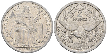 Французская Новая Каледония 2 франка 1998 птица кагу, (IEOM) KM 14, Schoen 11, Lec 68c алюминий    25-451