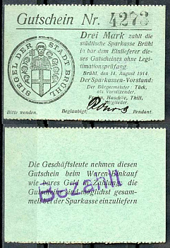 Германия, Брюль 3 марки 1914 нотгельд, 1914/1915 Diessner 52.8.b бумага UNC (пресс) 8614-43-3-2
