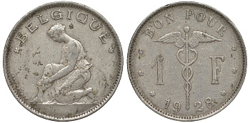 Бельгия 1 франк 1928 Belgique KM 89 никель 51-2031