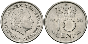 НИДЕРЛАНДЫ 10 ЦЕНТОВ 1956 ЮЛИАНА KM 182 никель 96-513