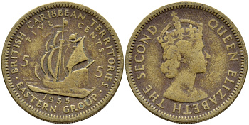 Британские Восточно-Карибские территории 5 центов 1955 Елизавета II (1952-2022), парусник KM 4 никель латунь 89-1326