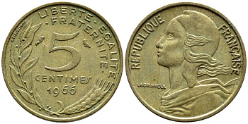ФРАНЦИЯ 5 САНТИМОВ 1966 ТИП MARIANNE KM 933, LE FRANC 125.2 алюминиевая бронза 4392-456
