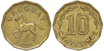 Уругвай 10 сентесимо 1981 KM 66 алюминиевая бронза 4169-512