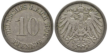 Германия 10 пфеннигов 1902 A KM 12, Jager 13, Weege 8 медно-никель 219-345