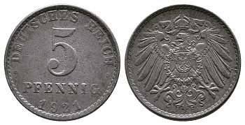 Германия 5 пфеннигов 1921 A KM 19, J. 297, Weege 5 железо 4380-159