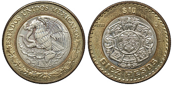 Мексика 10 песо 1999 Мо, бог Тонатиуха с огненной маской KM 616 биметалл UNC 4367-1046