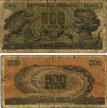 Италия 500 лир 1967 20 октября 1967 Pick 93a бумага 6312-58-3-2