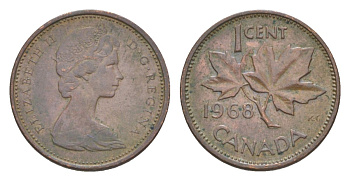 Канада 1 цент 1968 Елизавета II (1952-2022), кленовый лист KM 59 бронза 4630-546