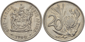 ЮАР 20 ЦЕНТОВ 1980 ГЕРБ, ЦВЕТОК ПРОТЕЯ KM 85 никель 67-452