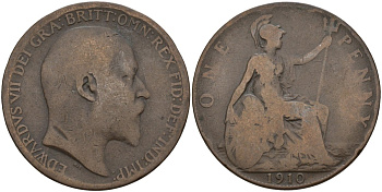 Великобритания 1 пенни 1910 Эдуард VII (1901-1910) KM 794.2, Sp 3990 бронза 4144-435