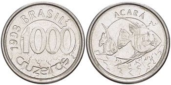 Бразилия 1000 крузейро 1993 реформа 1990-1993, рыбка Акара KM 626 нержавеющая сталь 26-1053