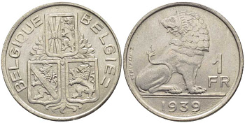 Бельгия 1 франк 1939 Леопольд III (1934-1950), Belgique-Belgie, лев KM 119 никель 119-426