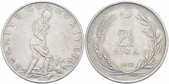 ТУРЦИЯ 2 1/2 ЛИРЫ 1972 KM 893.2 сталь 215-415